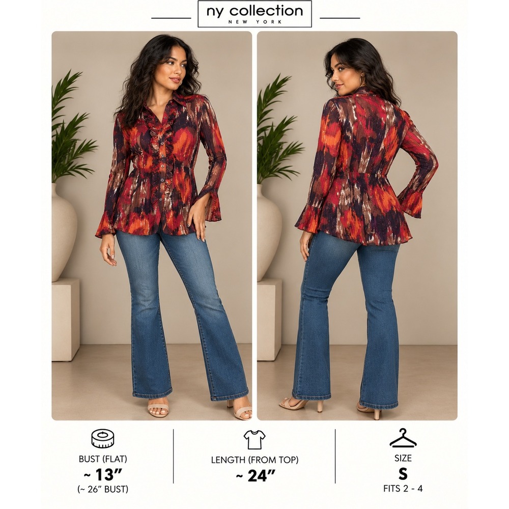 NY Collection Abstract Print Pleated Ruffle Blouse Orange Red Brown S XCGB0097